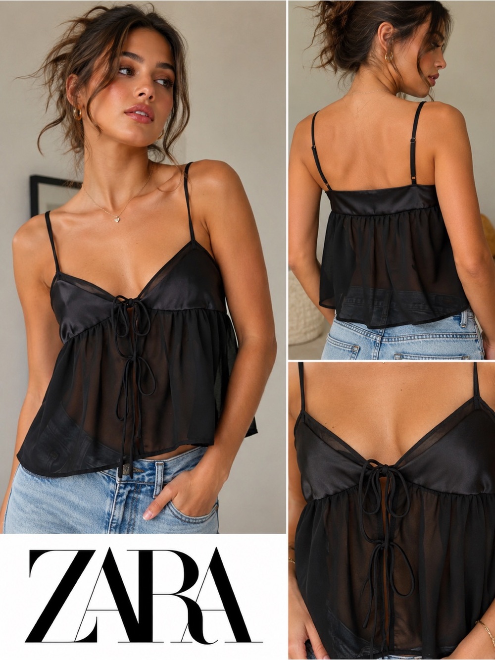 Zara Sheer Black Tie Front Cami Top Coquette Balletcore Size Small